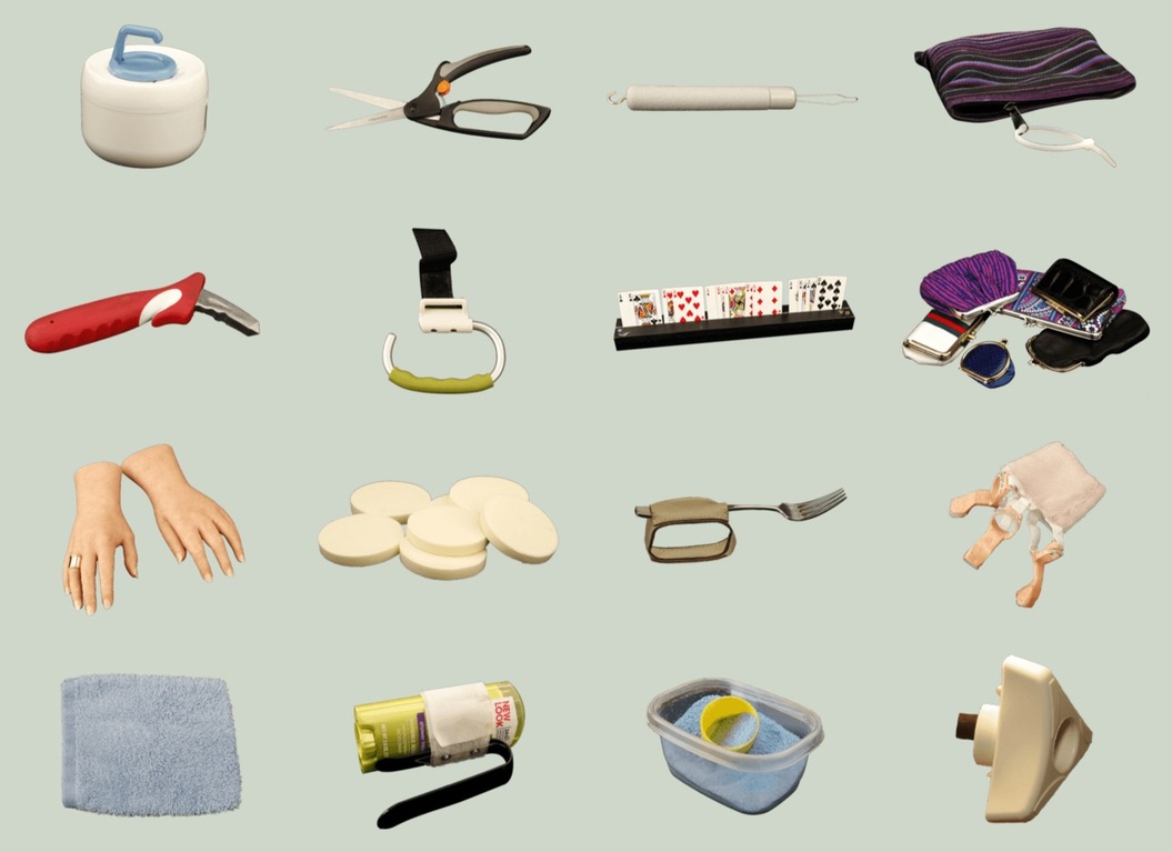 A collage of Cindy's many low tech and daily living tools, many of which she built herself, or in partnership with her family or prosthetist.